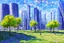 Placeholder: Sunny Day, futuristic buildings near the tree zone, sci-fi, realistic vision, impressionism painting