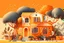 Placeholder: House illustration, realistic, detailed, illustrative, childrenbook style, Orange house, tangerine and orange trees, plants