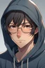 Placeholder: Anime man with glasses, wearing a hooded sweatshirt, slight smile, realistic