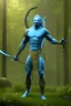 Placeholder: portriate of a na'vi avatar blue alien warrior, holding a spear, in the forest, volumetric lighting, particals, intricate detail, photo realistc, volumetric clouds