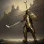 Placeholder: a Midieval knight in metallic gold battle armor, attacking and holding a hockey stick, a highly detailed illustration, inside the Roman coliseum, realistic render, in style of tomasz alen kopera,