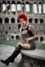 Placeholder: A portrait of an attractive young Italian punk girl. Photo taken in front of the Colosseum. Holey T-shirt, short red skirt, heavy boots, a few tattoos and piercings, colourful teased hair voivod style, sitting pose, 135 mm lens, classic Ilford film, highly detailed skin, with a cigarette