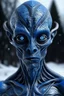 Placeholder: holographic simulation, beautiful xenobiotic alien man demon, scandinavian black tattoo on the body, super detailed face, blue eyes, against the backdrop of old dzherevyanny houses in the winter forest, falling snow in winter, professional photo, 4k, high resolution, high detail, close-up, octane, body art, patterns, lavender color, silver wire, artistic elven fantasy, filigree, dark botany, ultra detail, dark botany, photorealistic image