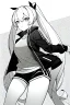 Placeholder: blonde girl with ponytails dressed in a jacket and shorts makes its way in the dark, greyscale