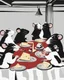 Placeholder: Vector illustration of a (((large rat sitting))) at a banquet table, eating a (((large cheese))), sitting at the same table, (((other rats watching the large rat eat))). White, red and black colors. Banksy style