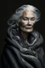 Placeholder: a photo of an Scandinavian woman with ethnic jewelry, grey hair and grey flowing robe, in style of Annie Leibovitz, contemporary portrait of a mature yet beautiful and modernist woman, black and grey, detailed feminine face, swirling fluid smokey enigma, award-winning artwork