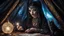 Placeholder: Hyper Realistic photographic-view of Wicked-&-Beautiful-Fortune-teller-with-glowing-ref-eyes wearing black-beed-necklace-&-bracelet angrily Looking at her crystal-ball glowing magically & sitting in her tent with a horrifying-black-cat at dark-night decorated with fancy-traditional-feathers-&-tarot-cards showing dramatic & cinematic ambiance"