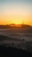 Placeholder: A realistic sunrise view of the Hollywood sign with golden light gradually revealing the letters, while the sprawling city of Los Angeles below is shrouded in early morning mist, capturing the peaceful yet grand atmosphere. Higher gradent or cinematic look