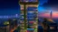 Placeholder: A vibrant floating skyscraper with layered hanging gardens overflowing with colorful blooms, seamlessly connected by glass bridges, during the early evening with the city lights beginning to twinkle below.