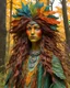 Placeholder: sculptural paper mache portrait of a druid girl , with highly detailed hair and facial features, in vibrant autumnal forest colors, illustrated in the comic book style of Jean-Giraud Moebius