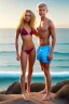 Placeholder: full body image of a beautiful 12 year old girl and a beautiful 12 year old boy with long, blonde curly hair and light blue eyes, smiling, shirtless, in front of an distant beach, 8k