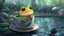 Placeholder: an anime frog sitting in a teacup next to a pond on a rainy day