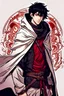 Placeholder: 18-year-old boy with black hair and a hairstyle with red-colored eyes in a medieval fantasy hoodie