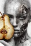 Placeholder: Grunge, woman as a decaying dried out Pear intricately showing its internal structure and seeds, cyberpunk, ultra unique natural textures, slight imperfections, vray.