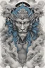 Placeholder: Create a captivating modern 2d black and blue ink tattoo design for print , prestigious Divine Monkey King using the elegant influences of japan art style, for print, dynamic elements from fashion and design, and bold Japanese contemporary art aesthetics, framing centered in the center, distanced from the edges of the paper perimeter, perfect anatomy, bauhaus, Divine Proportion,