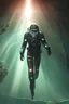 Placeholder: concept art by david cronenberg in the dark underwater diver astronaut underwater futuristic dark and empty spaceship. complex technical suit design. reflection material. rays and dispersion of light breaking through the deep water. trend artstation, 35 mm, f / 3