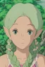 Placeholder: Portrait of a beautiful female elf, green skin, pastel pink hair in a side braid, bright orange eyes, happy smile