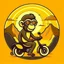 Placeholder: Monkey riding a scooter with sunglasses and a big smile, have a mountain sunset on the background, make a round logo, make the color brown