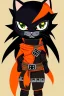 Placeholder: cat 2d, knight, ninja, black fur,full body, orange torn coat,game character, strong, anime, chibi