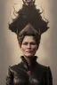 Placeholder: Robin Wright as evil queen in black leather, busty, cleavage, curvy, Claire Underwood, angry, stern look. character design by cory loftis, fenghua zhong, ryohei hase, ismail inceoglu and ruan jia. unreal engine 5, artistic lighting, highly detailed, photorealistic, fantasy