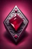 Placeholder: A red ruby stone with a colored background in one color and inside the stone is a complex Ethereum symbol in a different color. On the edge of the stone is a symbol of a letter of the English or Roman alphabet.