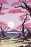 Placeholder: a land scape of Japanese garden, big moon, black sky, starlight night , surrounded by cherry blossom trees, cel shading