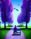 Placeholder: park mystical dream, park bench, man, woman, child, dog, pretty blue and purple trees, blue path, bird, jogger, sunshine, mystical, fantasy, romanticism, digital art, movie poster, cinematic, cinematic lighting, award-winning, beautiful colors, daylight, daytime, blender render, vibrant,