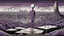 Placeholder: inner an giant block of stone a human figure stands of several layers outside around weird landscape with city in the distance, sharp lines, fade pale eyes, fade human figures in city, dark purple, gray, black, white, brown. Whimsical style and surreal vibe, lonely with absurd broken land, neuron network background, surreal nightmare vibe