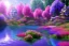 Placeholder: monde en fleurs, blue lake, flower tree-houses, concept art, crépuscule , fuksia bleu oranger, vibrant Color, réaliste, riviere bleu, tree-house bougainvillier, roses