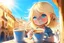 Placeholder: contented cute blonde blue eyed chibi girl drinking coffee in Italy in sunshine