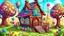 Placeholder: Fantasy cartoon illustration: a colorful little house in the garden full of chocolate eastern eggs