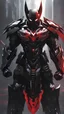 Placeholder: A close picture to Mix between symbiote and machine and batman in transformers cyborg with black metal and red details armor in solo leveling shadow art style with red details detailsis in fantasy world