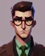 Placeholder: Fit man in round glasses, wavy hair, stubble, slim, tie, monotone, green eyes, comic book style, two tone colours, detailed, ink, realistic, handsome, square jaw, big brows, no jacket, bird on the shoulder, spotlight