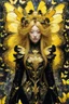 Placeholder: style of Yoshitaka Amano ~ Butterfly Empress, long huge flowing gold hair, yellow eyes. dressed in a cosmic gold plated Armor made of gold butterflies. standing in a room made of butterflies. surrealist. Shades of luminous black and yellow piercing shadow, reminiscent of Beuys and Qian Xuan.