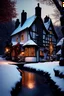 Placeholder: A moonlit night, snow covered landscape with very slow flowing river, overhanging tree branches with colourful leaves, A small English village with candles in windows and snow on the roof, 8k, sharp focus, highly detailed, cinematic lighting, 8k