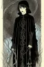 Placeholder: 7 year old boy, necromancer, friendly, looks dead,with a lamprey serpent , wearing black robes, in the style of Harry Clarke