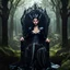 Placeholder: Morena Baccarin as a beautiful sexy dark elf queen seated elegantly on a throne in a mystical forest, dark celtic vignette frame, photo-realistic, cinematic lighting, award-winning photography