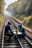 Placeholder: 2 people are sitting on a train track, having tea at a round table; they have wet suits on with flippers and dive goggles; a steaming train is coming right towards them