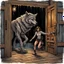 Placeholder: fantasy digital art of young female anthro wolf in gray hairy wolf body and wears just a short canvas rag around her waist , sadly face in the rain front the door, behind her an tall angry anthro dark hairy wolf man and kicks her out the door, behind in rustic halb open door in an massive wooden house, deep colors, rainy day, detailed, anthropomorphic creatures, fantasy, sci-fi mood