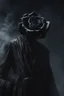 Placeholder: Close up of a shadowy figure, crushing a black rose and blowing the ashes In the wind, highly realistic, Gothic, sad, 8k quality, abstract background