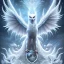 Placeholder: a detailed illustration of a white dragon with owl-like head, a white dragon with white owl head, realistic, detailed, dragon with fairy-like transparent glowing and sparkly wings standing in snow, silver lightning to the edges of the wings, glowing soft and smooth wings, fantasy art, highly detailed, intricate patterns on wings, shiny snowy background, soft studio lighting, foggy shiny smooth background, unreal engine, 64k