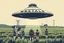 Placeholder: bumper sticker design, large flat ufo with small cap on top, in bold heading text "WESTALL 1966", lots of school children looking up in a field with high voltage powerline and gumtree's, mysterious cool, bold