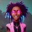 Placeholder: Ekari is a black girl with dreadlock hair big neon pink eyes smiling happy face