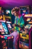 Placeholder: a millineal teenage boy is playing video arcade games, bright colored clothes from the 90s, hairstyles of that time