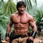 Placeholder: [in the jungle] Charles Bronson, ready to fight, in dust, rust and blood, his chest is covered with cartridge belts, he fights giant bananas