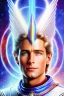 Placeholder: cosmic young man from the future, one fine whole face, large cosmic forehead, crystalline skin, expressive blue eyes, blue hair, smiling lips, very nice smile, costume pleiadian,rainbow ufo Beautiful tall pleiadian Galactic commander, ship, perfect datailed golden galactic suit, high rank, long purple hair, hand whit five perfect detailed finger, amazing big green eyes, smilling mouth, high drfinition lips, cosmic happiness, bright colors, blue, pink, gold, jewels, realistic, real