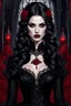 Placeholder: A captivating, high-resolution image of a stunningly elegant vampire woman exuding both beauty and danger. Dressed in exquisite black gothic clothing adorned with intricate details and black lace, on her dress red blood stains adding a dramatic effect. Her pale skin contrasts sharply with her dark attire, and her long, dark hair cascades down her shoulders. Holding a glass of red wine, she radiates an air of mystery. The background is dark and enigmatic, with soft, realistic lighting casting sha