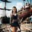 Placeholder: (bokeh photo by Helmut Newton) a beautiful 23 year old glamour model college cheerleader with evil tattoos wearing a harness and military arm braces, posing with a gigantic devil weapon on an old pirate ship made of rotting wood in the Caribbean