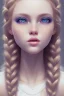 Placeholder: 20 year old girl, cute, beautiful, blonde hair, one loose braid on left side, blue eyes, big eyes, pale skin, blue dress, ice dress, long eyelashes, pink lipstick, thin lips, small nose, semirealistic, 8k resolution concept art portrait