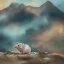 Placeholder: white Field mouse mountains drinking water at sunrise water color vibrant cute